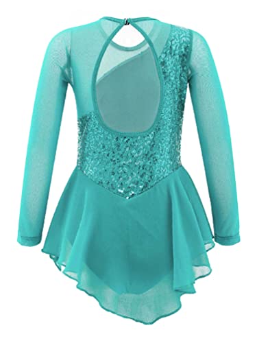 TiaoBug Vestido de Patinaje Artístico para Niña Maillot de Manga Larga con Lentejuelas Leotardo con Tutú de Danza Ballet Gimnasia Rítmica Traje de Baile Menta verde 8 años