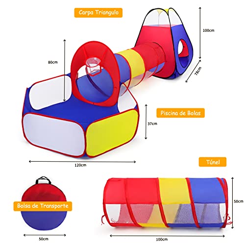 Tienda Campaña Infantil + Piscina de Bolas + Túnel Plegable 3 en 1 Pop Up, Opret Parque de Bolas Exterior o Interior, Juego de Regalo para Niños