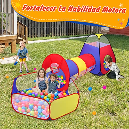 Tienda Campaña Infantil + Piscina de Bolas + Túnel Plegable 3 en 1 Pop Up, Opret Parque de Bolas Exterior o Interior, Juego de Regalo para Niños