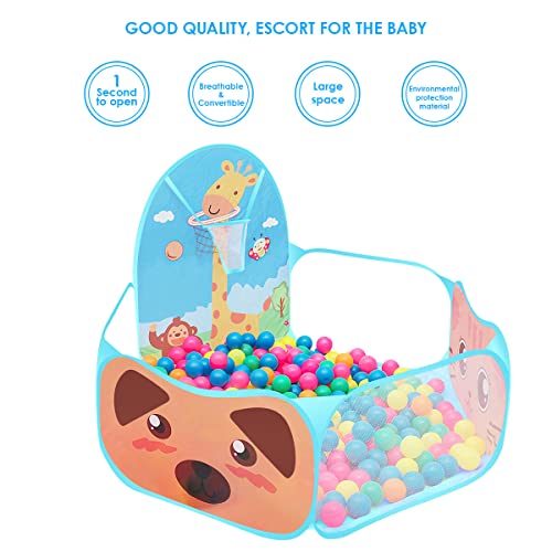 Tienda de Campaña Infantil Piscina de Bolas Tienda de campaña Plegable con diseño de Dibujos Animados para niños, con aro de Baloncesto, Color Azul Bolas Parque Infantil Bebe (no Incluye Pelotas)