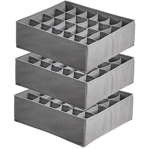TLOXO Organizadores de Cajones, 3 Paquetes,24 Celdas Plegable Cajas de Almacenamiento, Organizador para Almacenar Calcetines,Bragas,Bufandas,Cinturones… (Gris claro)