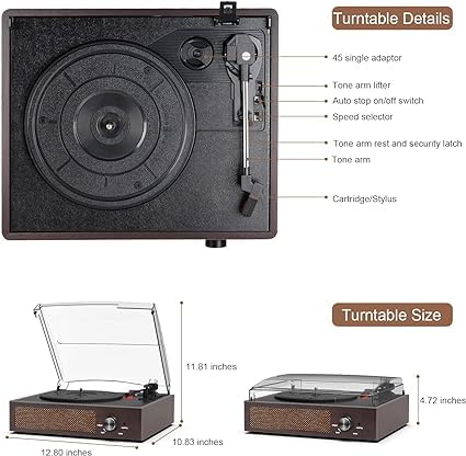 Tocadiscos Vinilo,Reproductor de Vinilo Tocadiscos Vintage Bluetooth con Altavoces Incorporadas,3 Velocidades 33/45/78 RPM, Giradiscos de Vinilo, Salida RCA/Aux in-Marrón