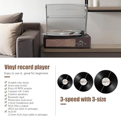 Tocadiscos Vinilo,Reproductor de Vinilo Tocadiscos Vintage Bluetooth con Altavoces Incorporadas,3 Velocidades 33/45/78 RPM, Giradiscos de Vinilo, Salida RCA/Aux in-Marrón