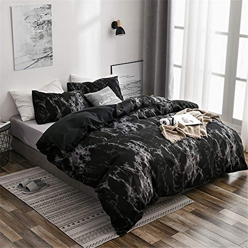 Treer Mármol Juego de Ropa de Cama, Microfibra Suave Transpirable Estilo Nórdico Pareja Niños Niña Juego de Fundas Edredón con 1 Funda Nórdica + 1/2 Funda de Almohada (Mármol Negro,150x200cm)