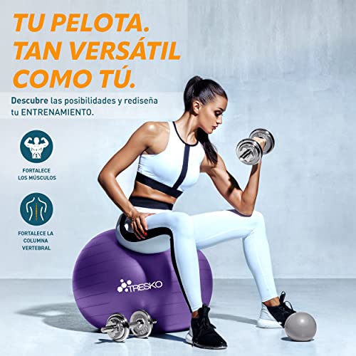 TRESKO® Pelota de Gimnasia Anti-Reventones | Bola de Yoga Pilates y Ejercicio | Balón para Sentarse | Balon de Ejercicio para Fitness | 300 kg | con Bomba de Aire | Púrpura | 85cm
