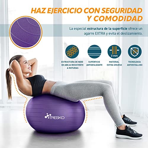 TRESKO® Pelota de Gimnasia Anti-Reventones | Bola de Yoga Pilates y Ejercicio | Balón para Sentarse | Balon de Ejercicio para Fitness | 300 kg | con Bomba de Aire | Púrpura | 85cm