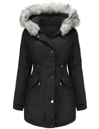 Tuopuda Abrigo Parka Mujer Largo con capucha de piel Abrigo Gruesa de Lana para Mujer con Bolsillos Chaqueta Cremallera de invierno Abrigo cálido a Prueba de Viento(Negro,L)