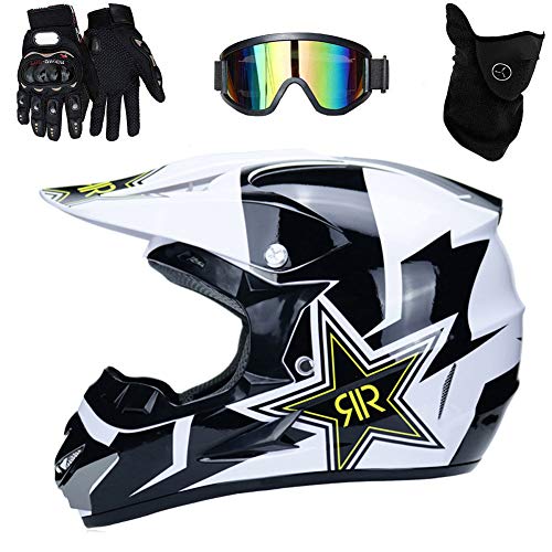 UIGJIOG Casco de Motocross,Casco de Cross de Moto Jet con Gafas Máscara Guantes,Deportes de Motos Off-Road Racing Downhill Enduro Casco ATV MTB BMX Quad Cascos de Motocicleta,Blanco,M(54~55cm)