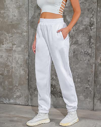 UMIPUBO Mujer Pantalones Casuales de chándal Pantalones Cálidos Pantalones Cintura Alta Elástico Cordón con Bolsillos Deportivos Joggers para Yoga Fitness(Blanco,S)