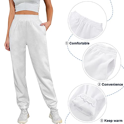 UMIPUBO Mujer Pantalones Casuales de chándal Pantalones Cálidos Pantalones Cintura Alta Elástico Cordón con Bolsillos Deportivos Joggers para Yoga Fitness(Blanco,S)