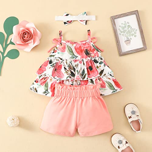 UUAISSO Ropa Para Niñas Pequeñas Con Volantes Sin Mangas Camiseta De Girasol + Pantalones Cortos Conjuntos De Diadema Para Niñas Rosa 12-18 meses