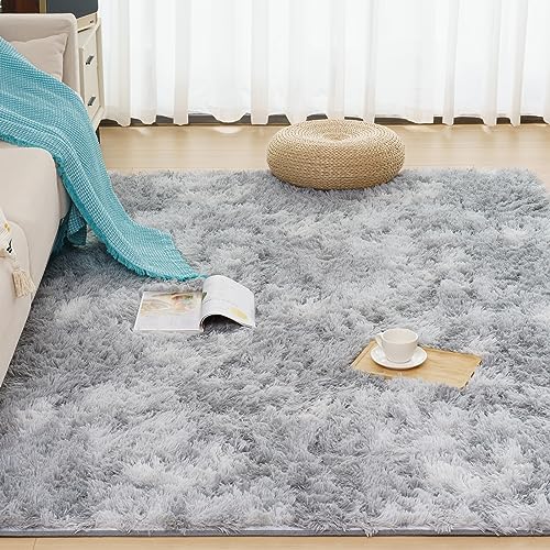 Vamcheer Alfombra de Pelo Largo - alfombras para Salón y Dormitorio,8mm Esponja Gruesa Alfombra área para habitacion,Lavables y Antideslizante, 80X150 Tie-Dye Gris Claro
