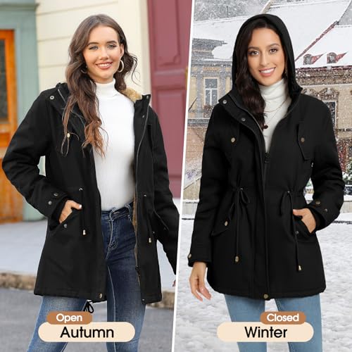 Vancavoo Abrigo de Mujer Parka Invierno Abrigos de Capucha Chaqueta Larga de Terciopelo ártico Térmica Capucha Cremallera Sudadera a Prueba de Viento Chaqueta con Bolsillo(Negro,L)