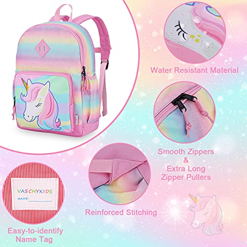 VASCHY Mochila Niña, Mochilas Escolares Mochila Unicornio Niña Mochila Infantil 4-6 Años para Escuela Ajustar Carpeta A4 con Bolsillos Laterales y Correa en Pecho Rosa