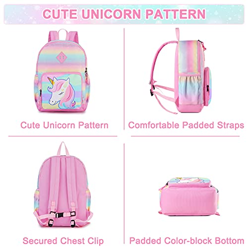 VASCHY Mochila Niña, Mochilas Escolares Mochila Unicornio Niña Mochila Infantil 4-6 Años para Escuela Ajustar Carpeta A4 con Bolsillos Laterales y Correa en Pecho Rosa