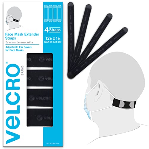 VELCRO® Marca | Correas extensibles para mascarillas | Protectores de orejas cómodos y ajustables | Negro | 30,4 cm x 2,5 cm | Juego de 4