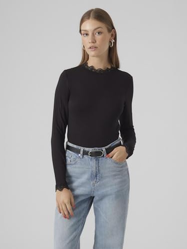 VERO MODA Vmrosa LS Highneck Top Jrs Noos Camiseta de Manga Larga, Negro, M para Mujer