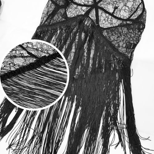 Vestido de Danza con Flecos para Mujeres Sexy Disfraz de Baile sin Mangas Traje Bailarina Conjunto de Lencería Encaje Maillot de Baile Latino Fiestas Carnaval Falda Babydoll de Salsa Tango (Negro)