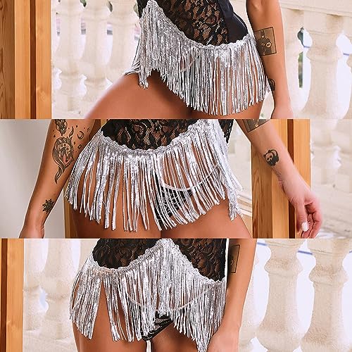 Vestido de Danza con Flecos para Mujeres Sexy Disfraz de Baile sin Mangas Traje Bailarina Conjunto de Lencería Encaje Maillot de Baile Latino Fiestas Carnaval Falda Babydoll de Salsa Tango (Plata)