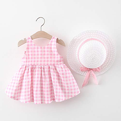 Vestido de Verano para niña Elegante Imprimiendo Arco sin Mangas Vestido De Princesa Vestidos Playa + Sombrero de Sol con Lazo Conjunto (Moño Rosa, 2-3 Años)