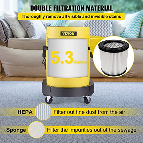 Vevor Aspirador en Seco y Húmedo 4 en 1 Aspiradora Potente Depósito Total de 20,Aspiradora de Sólidos y Líquidos con Mando de Control Remoto Lava Aspiradora 220V 1200W para Hogar Patio Garaje Taller