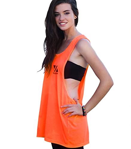Vibrha Camiseta Deportiva sin Mangas de Mujer de Verano - Top Naranja Fluorescente - Camiseta de Tirantes Larga para Gym y Baile con Espalda de Nadador M