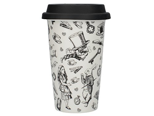 Victoria & Albert Taza de Viaje de Cerámica, Diseño de Alicia en el País de las Maravillas, Porcelana Fina, 19,5 x 15,5 cm, Blanco y Negro