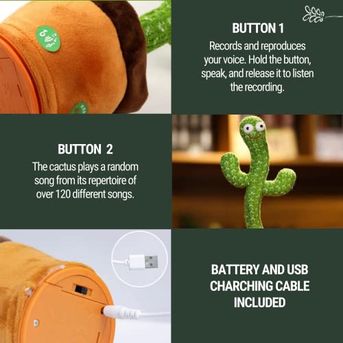 Vicyol S&D Cactus Bailarín con Movimiento Electrónico, Luces y 120 Canciones. Adorno para el Hogar. Batería Interna.
