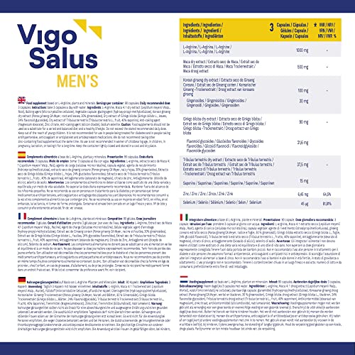 VIGOSALUS para Hombres - Dosis Alta - Más Fuerza + Duración - Maca, Tribulus Terrestris, Ginseng, L-Arginina, Ginkgo Biloba y Zinc | 90 Cápsulas