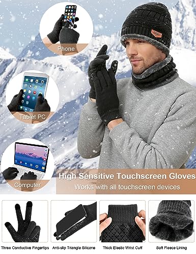 Vijamiy Set de Bufanda Gorro y Guantes Gorro de Forro Polar de Invierno Bufanda Punto Guantes de Pantalla Táctil Orejeras de Cálida Calcetines Regalos Conjunto para Hombre(Negro)