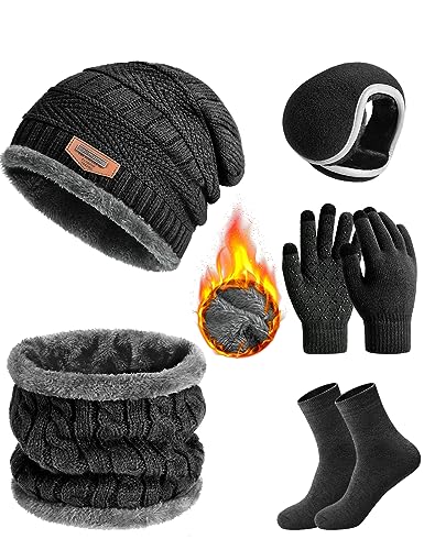 Vijamiy Set de Bufanda Gorro y Guantes Gorro de Forro Polar de Invierno Bufanda Punto Guantes de Pantalla Táctil Orejeras de Cálida Calcetines Regalos Conjunto para Hombre(Negro)
