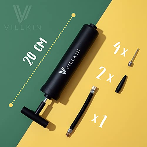 Villkin Bomba para balones con compartimento para agujas – Incluye 4 agujas de metal, 2 agujas de plástico, 1 manguera flexible – adecuado para inflar rápidamente fútbol, baloncesto, balonmano y otros