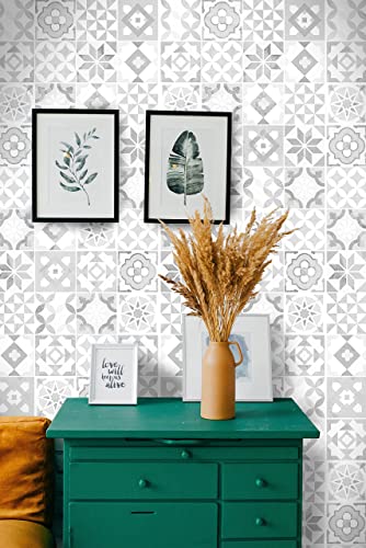 Vinilo Decorativo Baldosa Hidraulica 62x250cm para Cocina Pared Muebles Papel Autoadhesivo Impermeable Cenefa Mosaico Imitacion Azulejos Vintage (250x62 cm, Baldosa Hidráulica blanca)