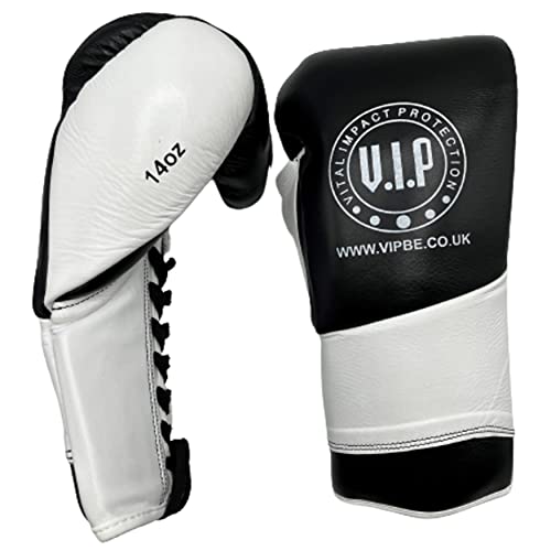VIP Guantes de Boxeo Athena 2 de Piel con Cordones MMA Martial Arts Fitness Pro Sparring, Blanco/Negro, 16 onzas Reino Unido