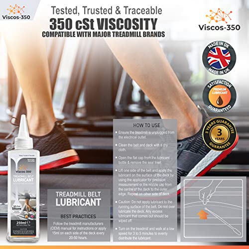 Viscos-350 Lubricante de cinta de correr premium – Aceite de silicona 100% puro ultra grado – Uso personal y comercial – Aplicador de largo alcance de 300 mm y tapa de boquilla incluida