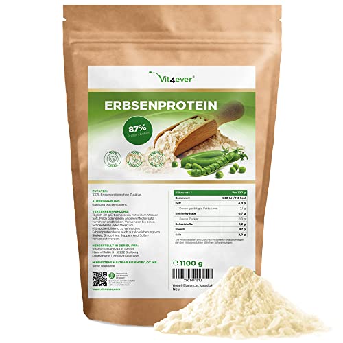 Vit4ever Proteína aislada de guisante en polvo 1,1 kg / 1100 g - 87% de contenido proteico - 100% pura - Origen Bélgica - Vegano - Sin gluten, soja ni lactosa