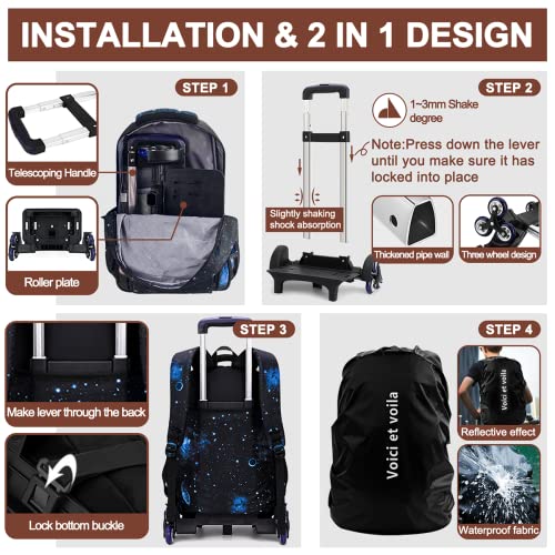 Voici et Voila 4pcs Mochilas Escolares con Ruedas Carro para Mochilas Escolares Niña Niños Grande Bolsas Escolares Trolley Bag Mochila Infantil Cielo Estrellado Galaxy 30x23x46cm
