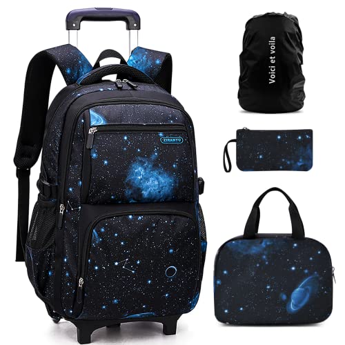 Voici et Voila 4pcs Mochilas Escolares con Ruedas Carro para Mochilas Escolares Niña Niños Grande Bolsas Escolares Trolley Bag Mochila Infantil Cielo Estrellado Galaxy 30x23x46cm
