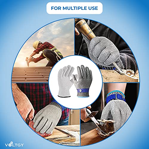 VOLTGY- Guantes de Trabajo Anticortes Nivel 5 de Carnicero. Protección y Seguridad de Malla de Acero Inoxidable.