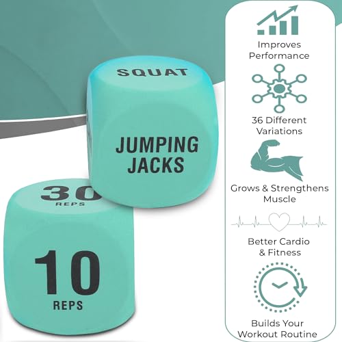 VOXXU Paquete de 2 dados de ejercicio de fitness para clases de cardio, HIIT y ejercicio – Divertidos dados de fitness | Accesorios de gimnasio convenientes y portátiles | Rutina de lluvia de todo el