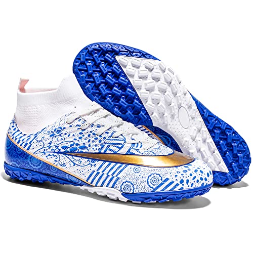 VTASQ Zapatos de Fútbol Hombre FG/AG Profesionales Alta Botas de Fútbol Niños Spike Aire Libre Atletismo Training Zapatillas de Fútbol Zapatillas de Deporte Entrenamiento Blanco/Azul 39 EU