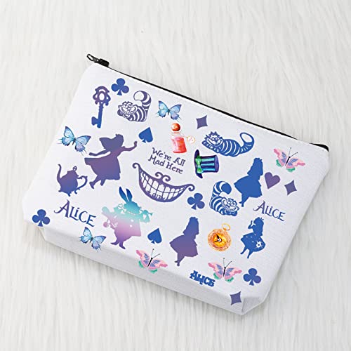 We are All Mad Here Alicia - Bolsa de maquillaje para regalo de gato sonriente con cita del país de las maravillas, Bolsa Mad Here blanca, Moda