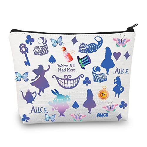 We are All Mad Here Alicia - Bolsa de maquillaje para regalo de gato sonriente con cita del país de las maravillas, Bolsa Mad Here blanca, Moda
