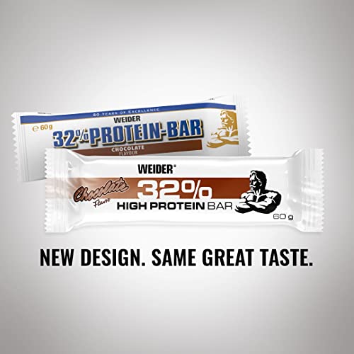 WEIDER 32% Protein Bar, deliciosa barrita protéica recubierta de chocolate fino, alto contenido en proteínas, barrita energética, snack para aumento masa muscular, Chocolate, 12 x 60 g
