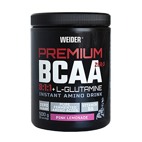 Weider BCAA 8:1:1+L-Glutamina (500g). Sabor Pink Lemonade. Con Vitamina B6. Sin azúcar, sin lactosa, sin colorantes artificiales. Vegan