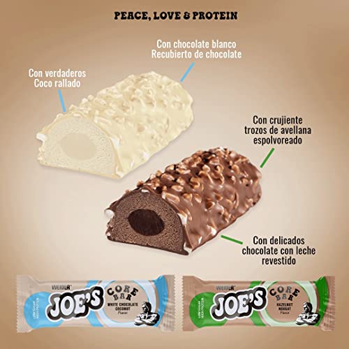 Weider Joe's Core Bar Barritas Proteicas, con Textura Suave y Cobertura de Chocolate con Leche y Blanco, Más de 31% de Proteínas, Bajo en Azúcar, Sabor Avellana-Turrón, 12 x 45 g