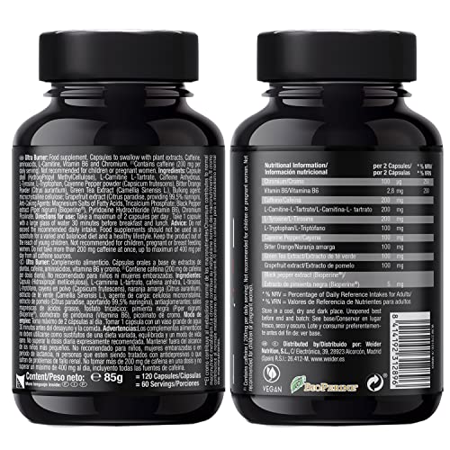 Weider Ultraburner 120 caps. Potente fórmula termogénica. Con extractos de plantas y cafeína. L-Carnitina, Cromo y Vitamina B6. Gluten Free