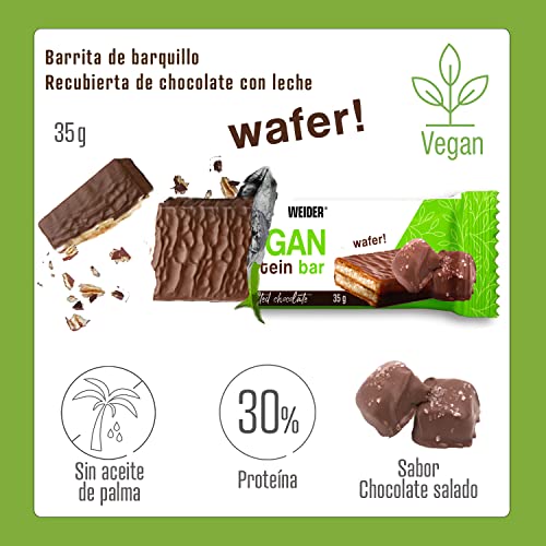 Weider vegan protein bar. Snack Vegano. Barrita de barquillo con cobertura de chocolate. Sin aceite de palma. Sabor Chocolate Saladoo . Caja de 12 barritas de 35gr