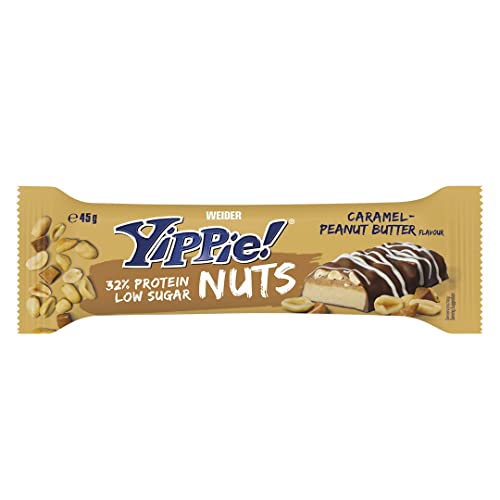 Weider Yippie Nuts Barrita proteica, caramelo-mantequilla de cacahuete, 12 barritas x 45 g, con auténticas nueces
