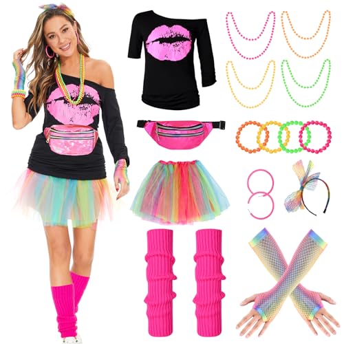 WELLCHY Disfraz Años 80 Mujer, Ropa Años 80 Disfraz con Camiseta de Los 80 Tutu Guantes de Rejilla Calentadores de Pierna Collares Pulseras Pendientes para Fiesta Cosplay (L, Colorida)